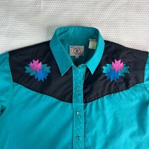 Vintage Ely Country Charmers Western Pearl Snap Shirt Teal Embroidered L 14-16